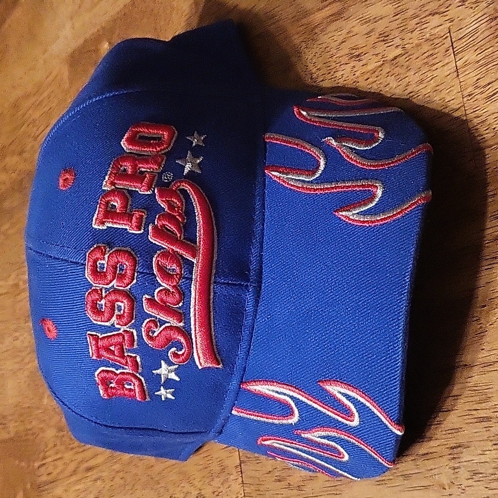 Unique Bass Pro Shops Snapback Blue Hat Red Gray Embroidered Flames & Stars RARE